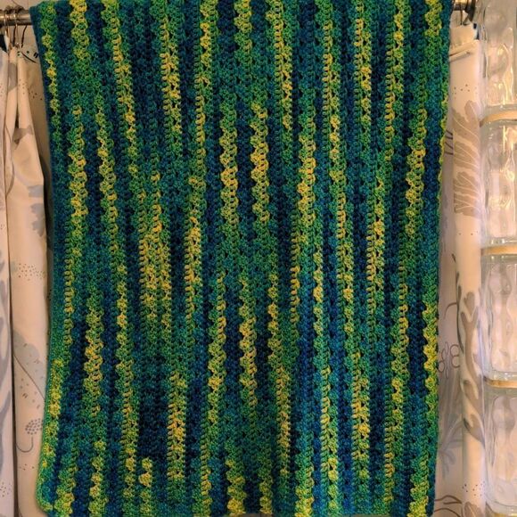 Handmade Blue Yellow Teal + Green Crochet Afghan Lap Throw Blanket - Picture 1 of 4